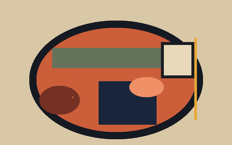 Controlled abstract source frame CF-01 with rust, navy, muted green, and cream material regions