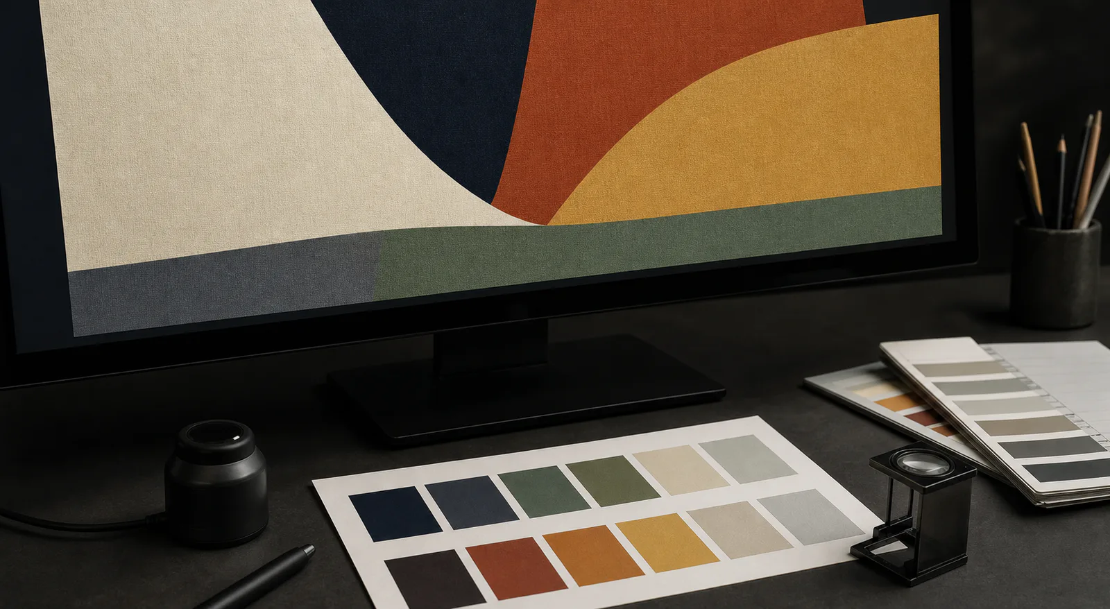 A color-sampling desk with an abstract image on a monitor, printed swatches, a loupe, and a colorimeter